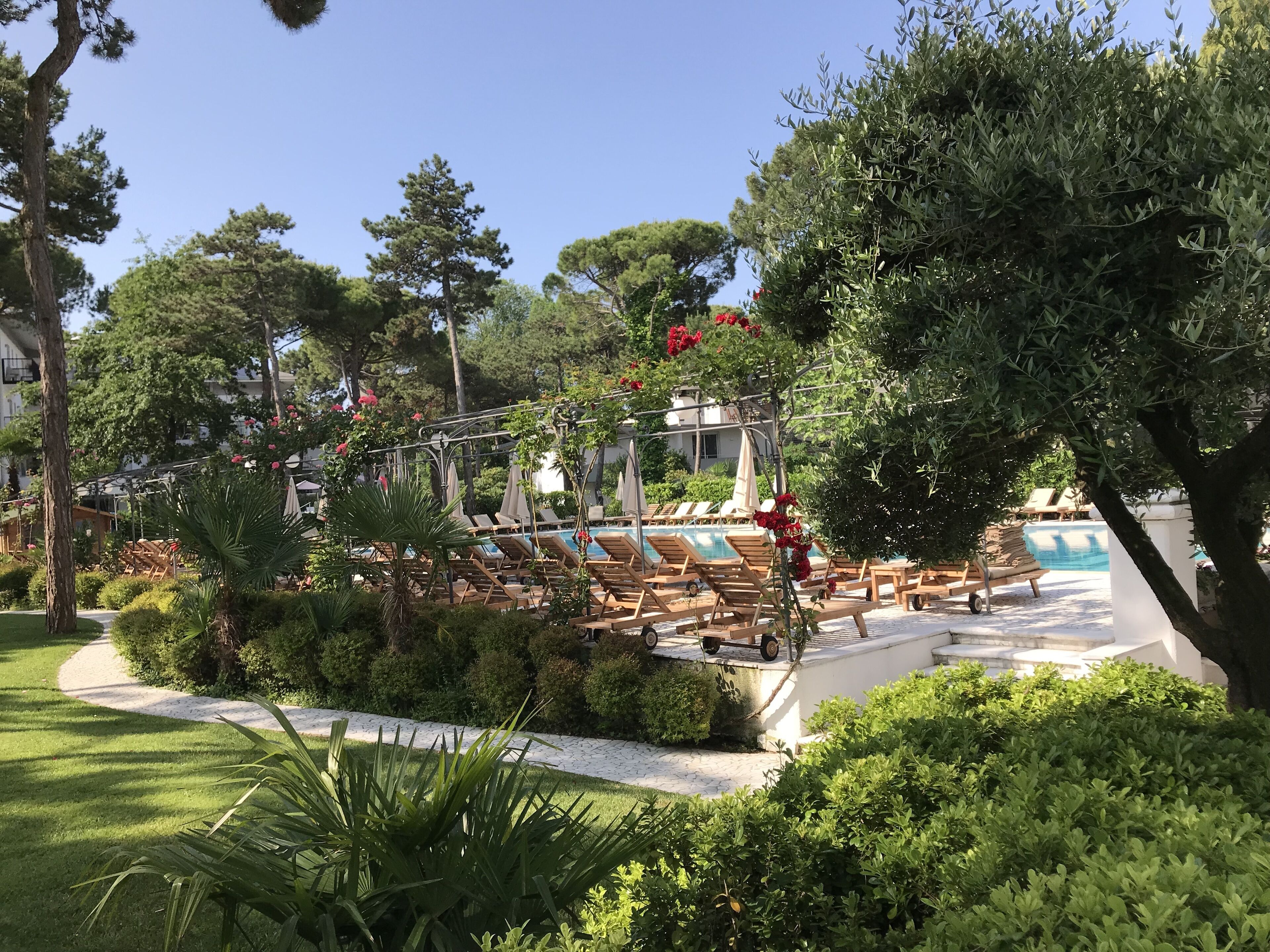 A poolside area with sun loungers, a pergola with red flowers, and a clear blue sky.