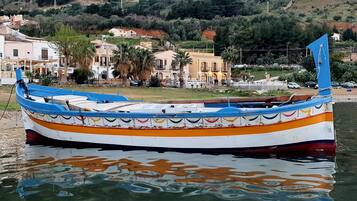Un bote colorido amarrado cerca de un muelle con edificios y vegetación al fondo.
