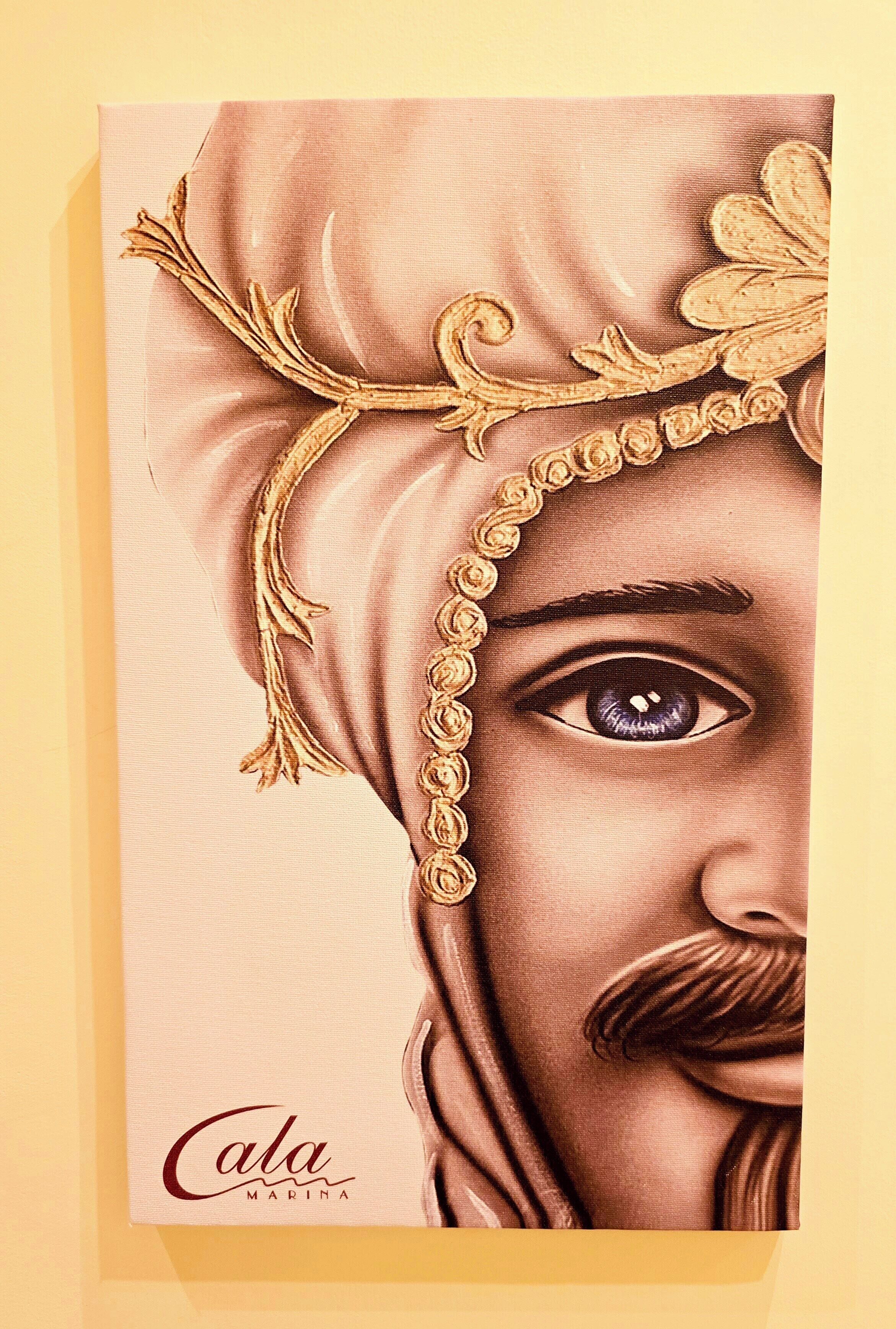 A detailed illustration of a person wearing a gold headpiece with floral and leaf motifs.