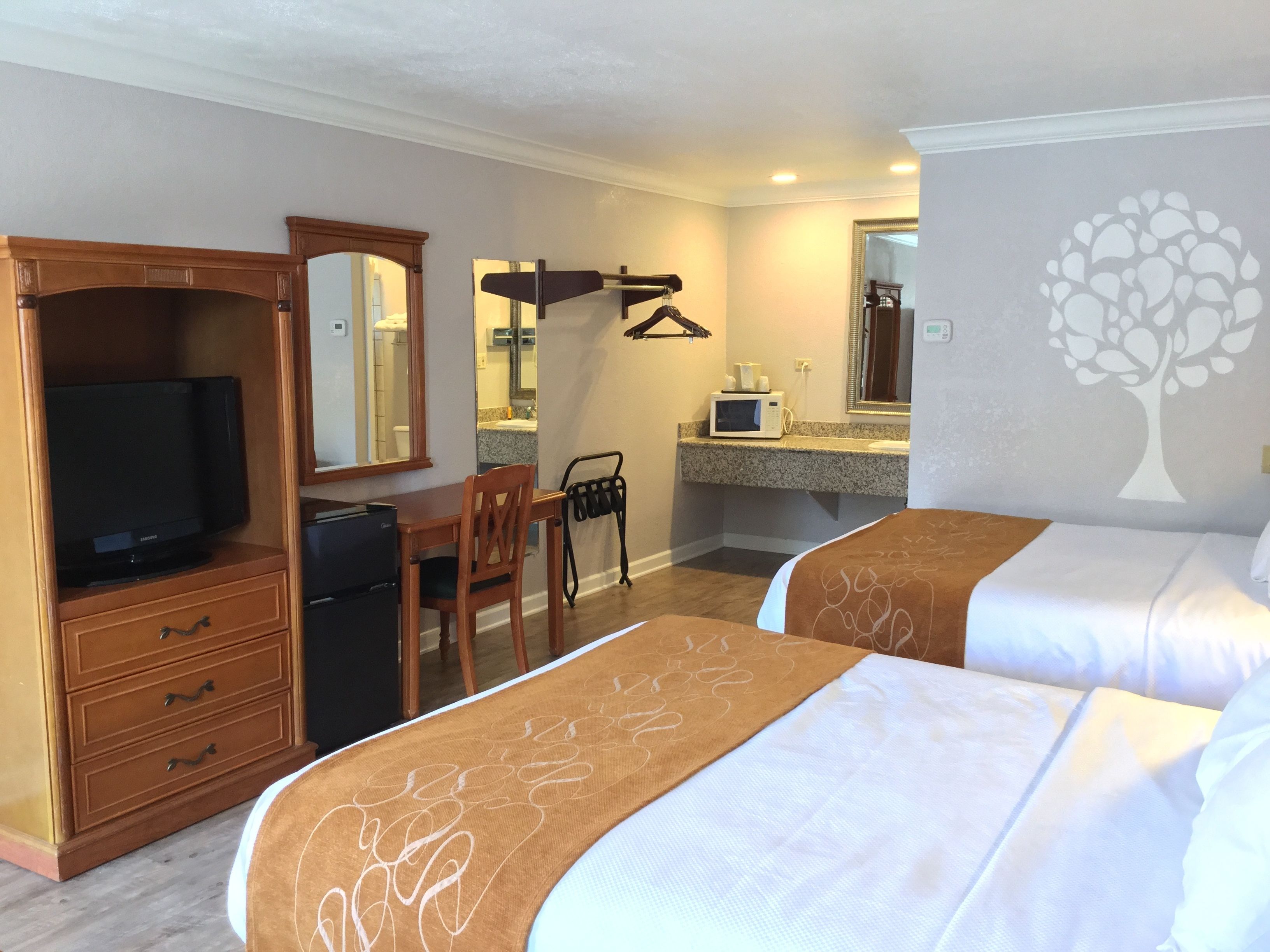 A hotel room with two beds, a TV, a desk, a chair, a microwave, and a mirror.