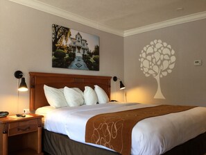 Premium bedding, desk, laptop workspace, free WiFi
