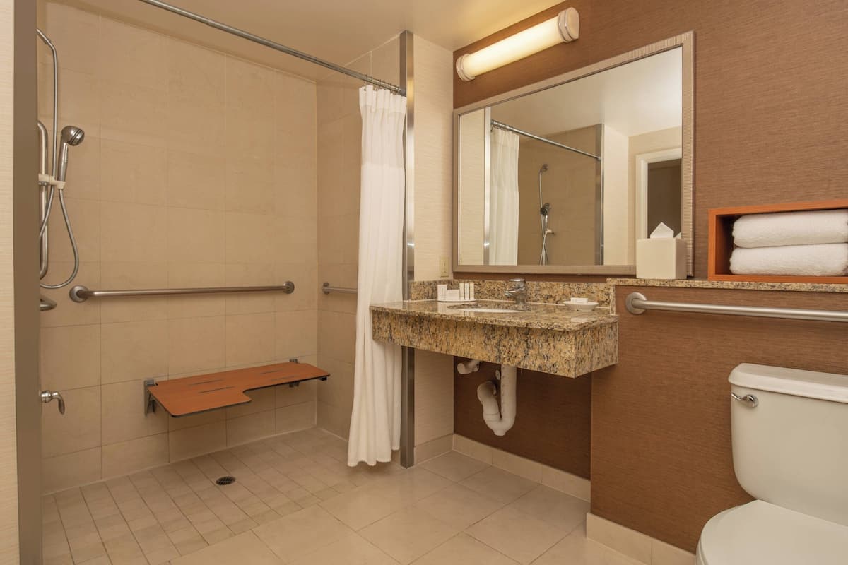combined shower/bathtub, hair dryer, towels
