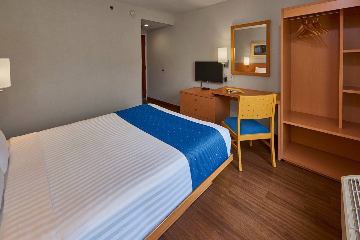 A hotel room with a bed, a desk, a chair, a television, and a wardrobe.