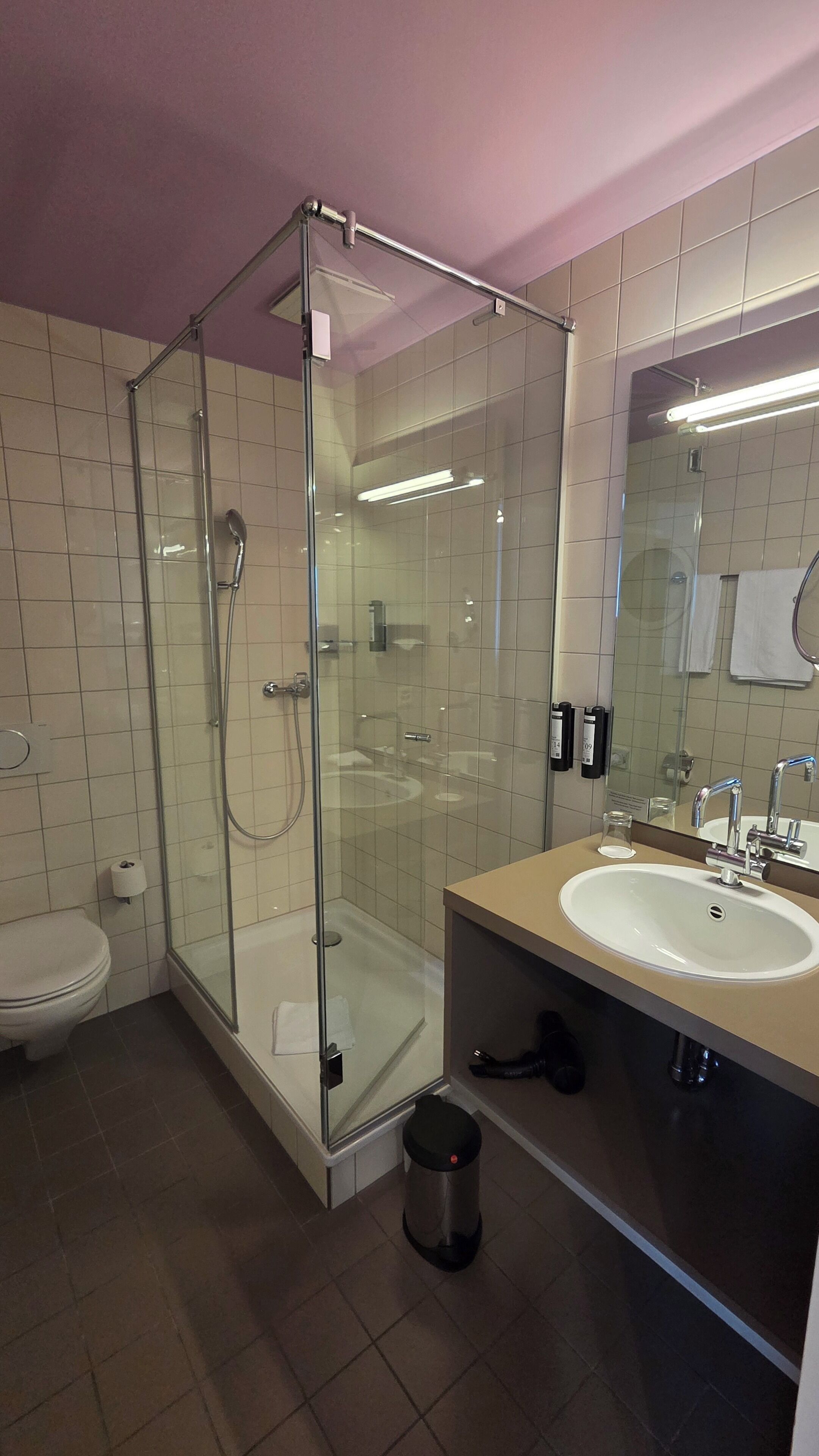 Un baño moderno con ducha envuelta en vidrio, un lavabo blanco y un espejo grande.