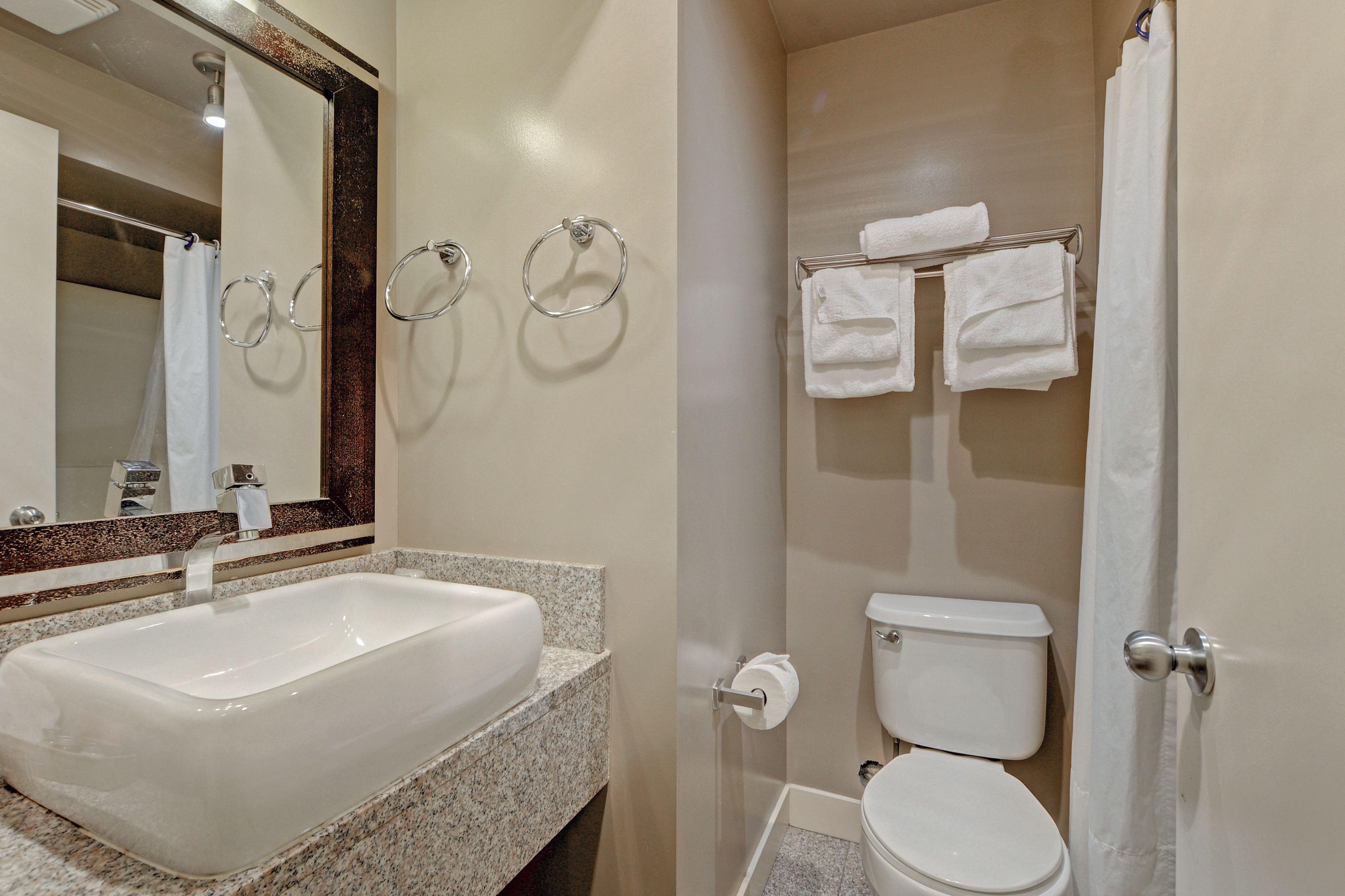 basic studio, 1 king bed | bathroom | combined shower/bathtub, free toiletries, hair dryer, towels