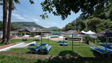Außenpool (je nach Saison geöffnet), Sonnenschirme, Liegestühle