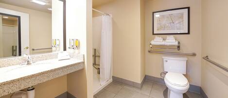 A bathroom with a sink, mirror, toilet, shower, and a framed picture on the wall.