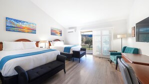 A hotel room with two beds, a sofa, a desk, and a balcony with a view. - San Vicente Golf Resort (Ramona)