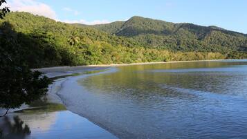 Escape to a serene beach surrounded by lush green hills and calm waters.