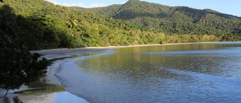 A beach with a calm water body, sandy shore, and lush green hills in the background.