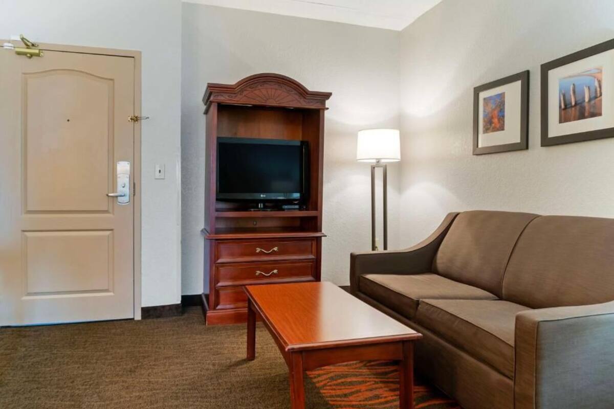 Una habitación de hotel con sofá, televisor, mueble de madera y lámpara.