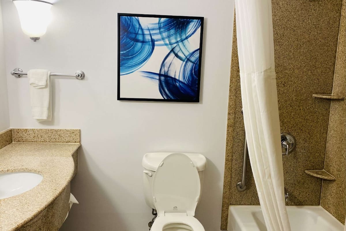 bathtub, hair dryer, towels