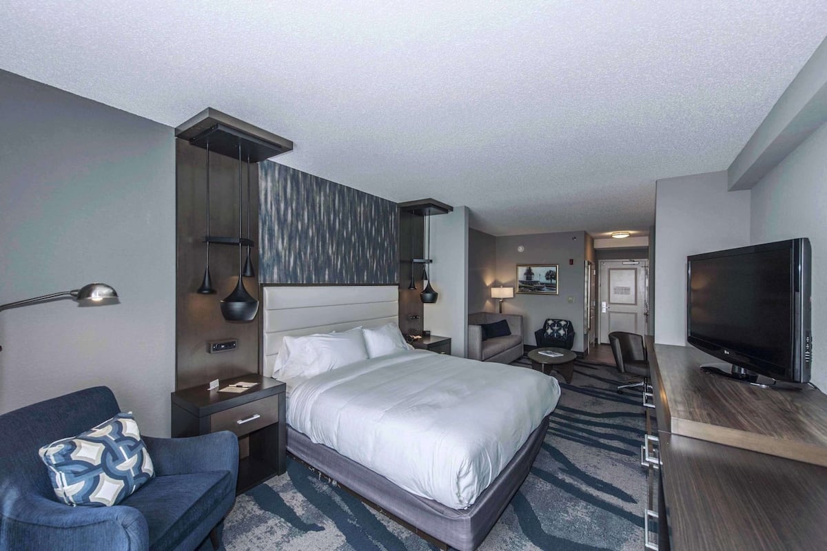 A hotel room with a bed, a TV, a desk, a chair, and a sofa.