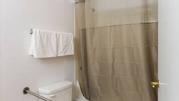 A bathroom with a shower, toilet, and grab bar.