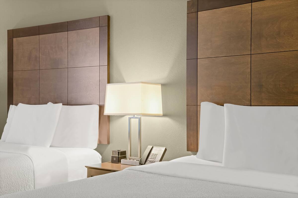 Habitación de hotel con dos camas, una mesita de noche, una lámpara y un teléfono.