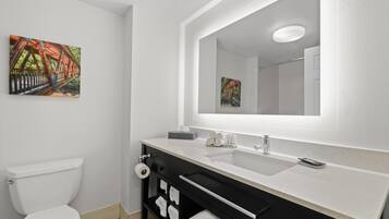 Combined shower/tub, free toiletries, hair dryer, towels