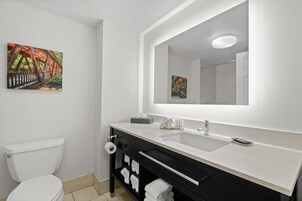 Combined shower/tub, free toiletries, hair dryer, towels