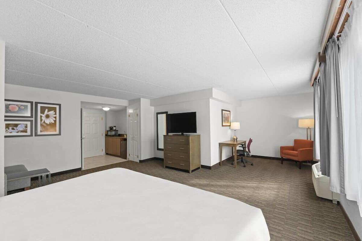 Una habitación de hotel con cama, escritorio, televisor, silla y armario.