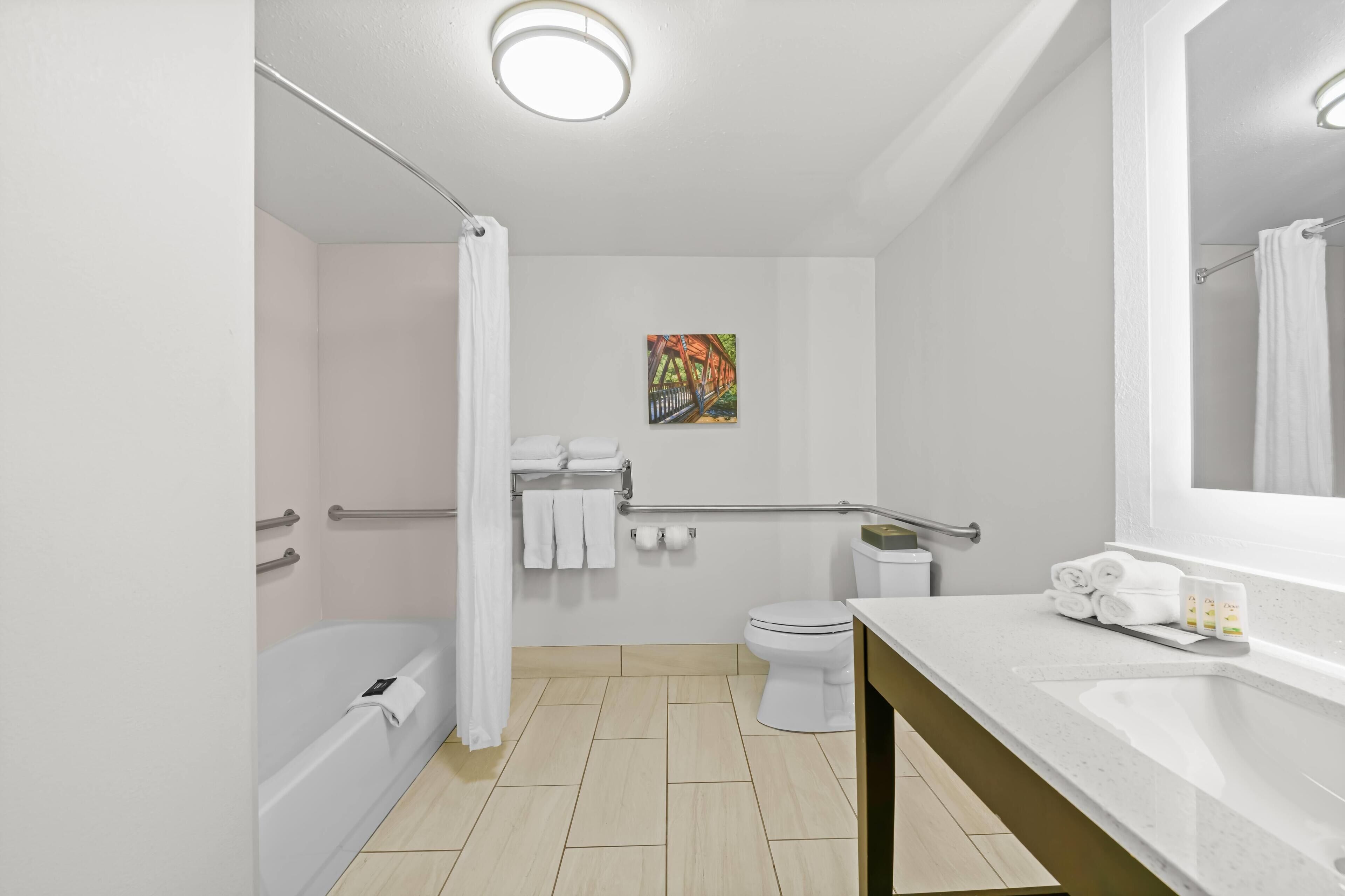 A modern bathroom with a bathtub, toilet, and sink. There is a handrail, a towel rack, and a painting on the wall.