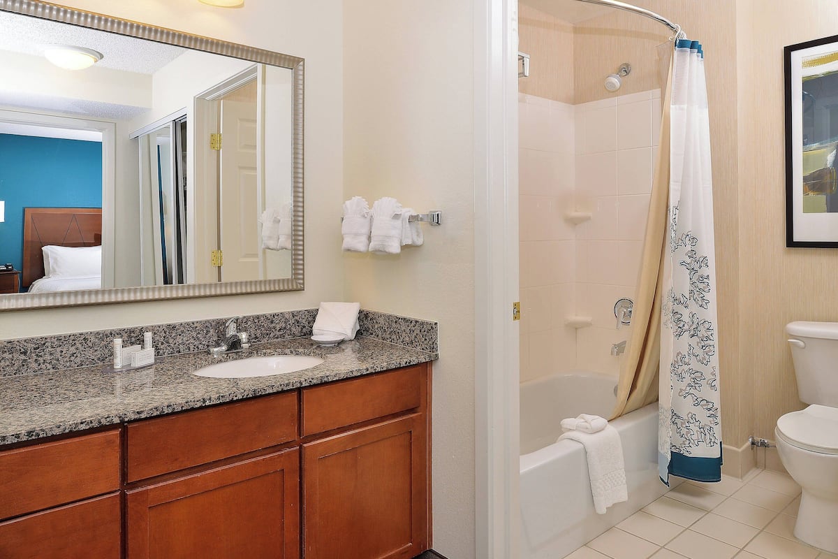 combined shower/bathtub, free toiletries, hair dryer, towels