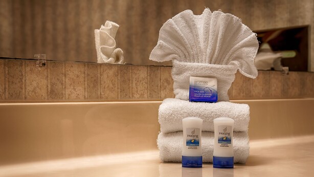 A bathroom with a bathtub, a towel, and two bottles of Pantene Classic Shampoo. - Quality Inn Perryton (Perryton)