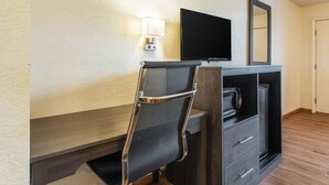 Habitación de hotel con escritorio, silla, televisión de pantalla plana, espejo y lámpara.