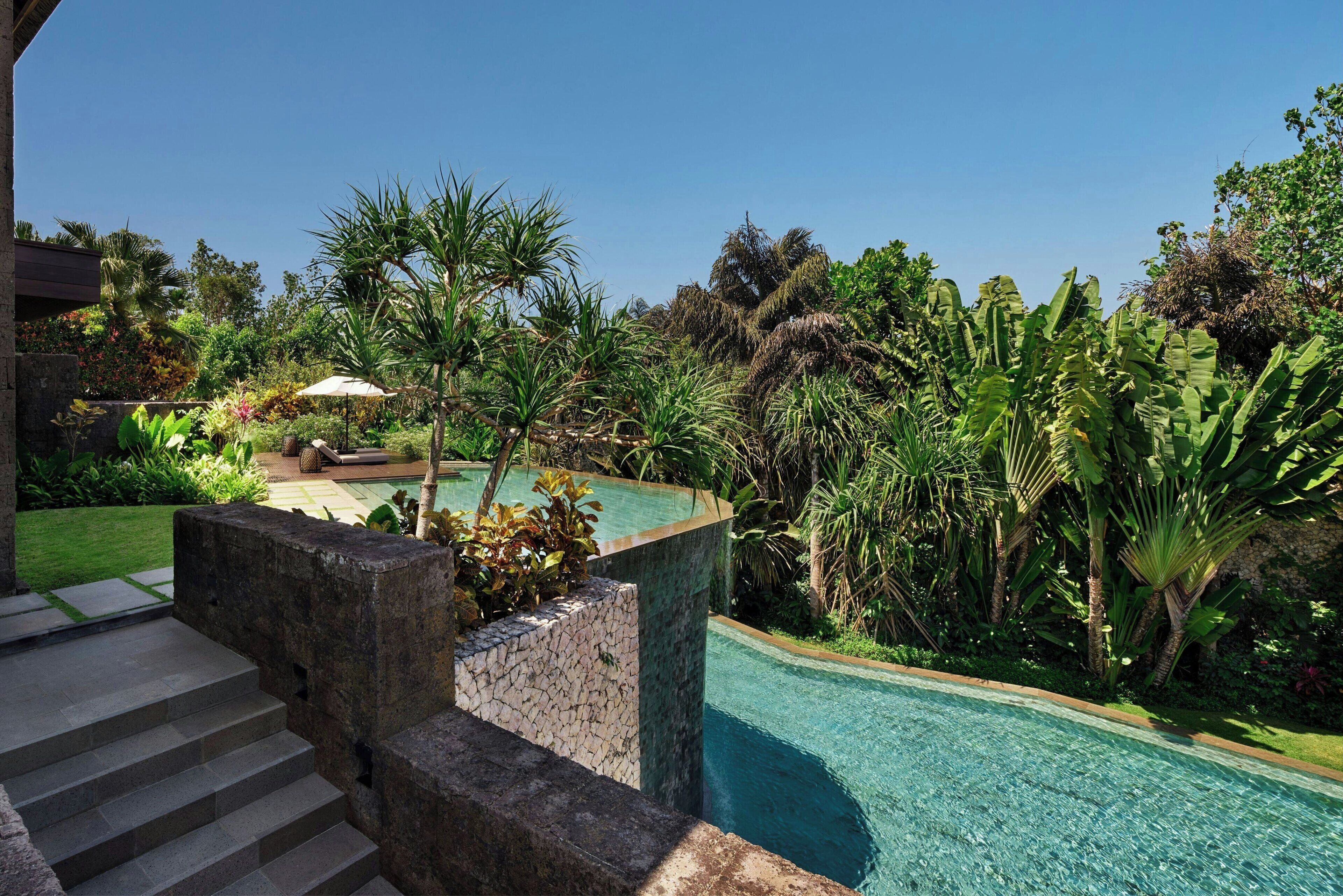 A pool surrounded by lush greenery and a stone staircase leading up to a building.