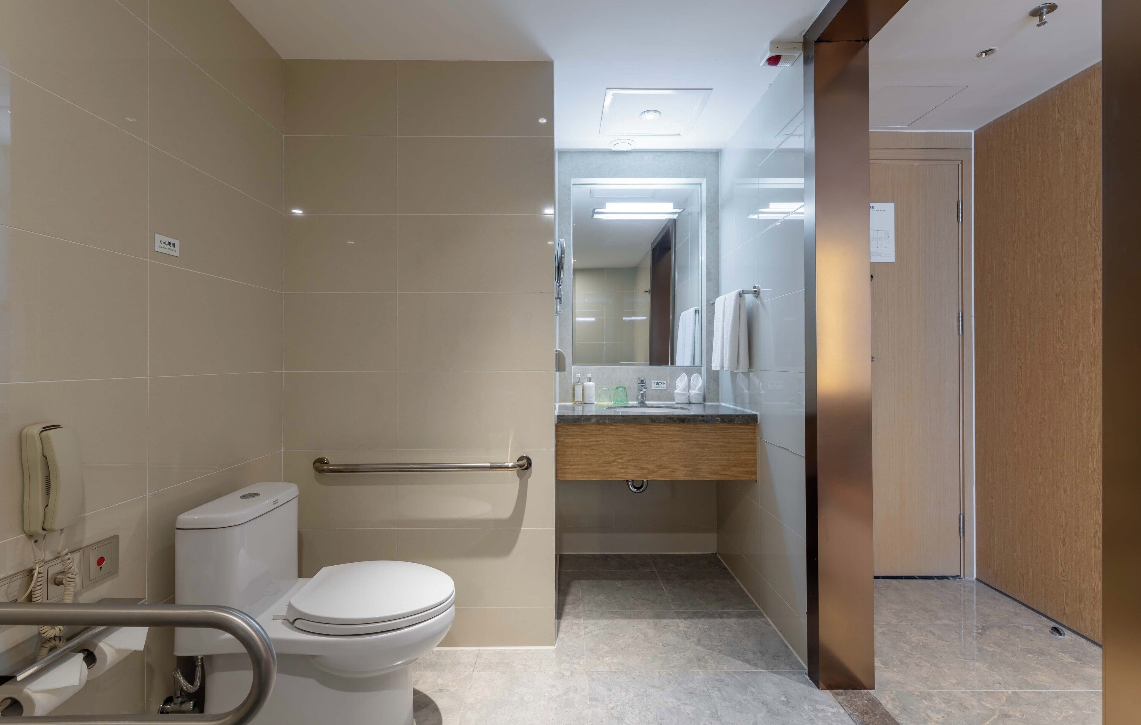 A modern bathroom with a toilet, handrail, sink, and mirror.