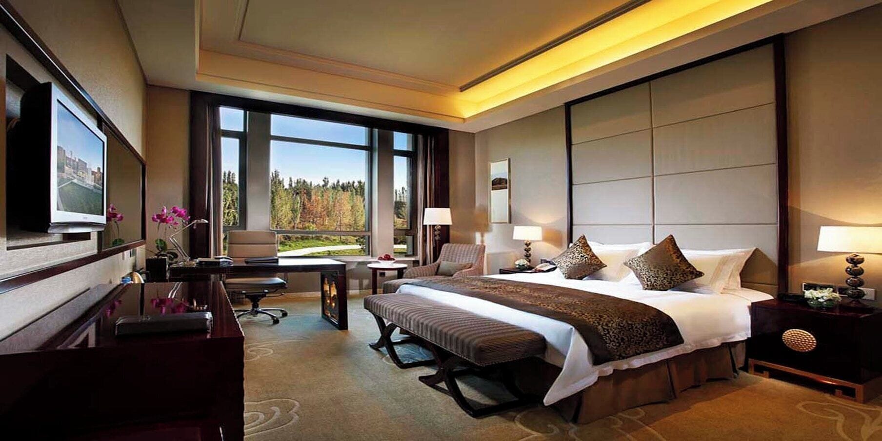 A hotel room with a large bed, a desk, a chair, a television, and a view of the outdoors.
