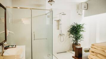 A modern bathroom with a glass-enclosed shower, a white sink, and a potted plant.