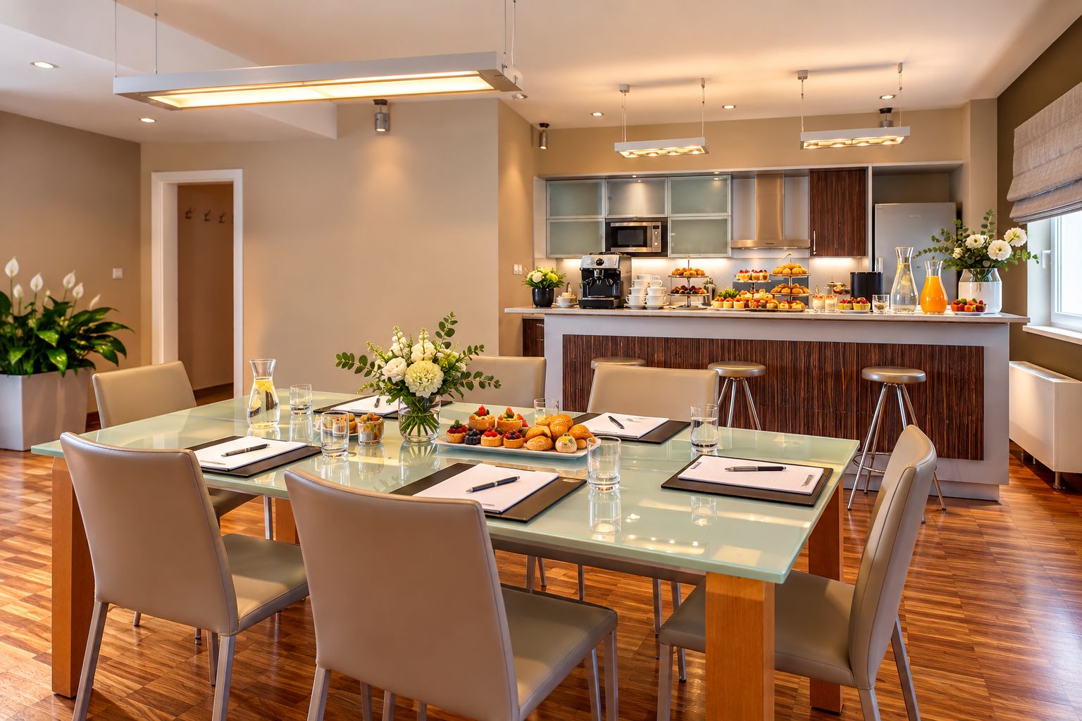 A modern hotel dining area with a glass table, chairs, and a kitchen in the background.