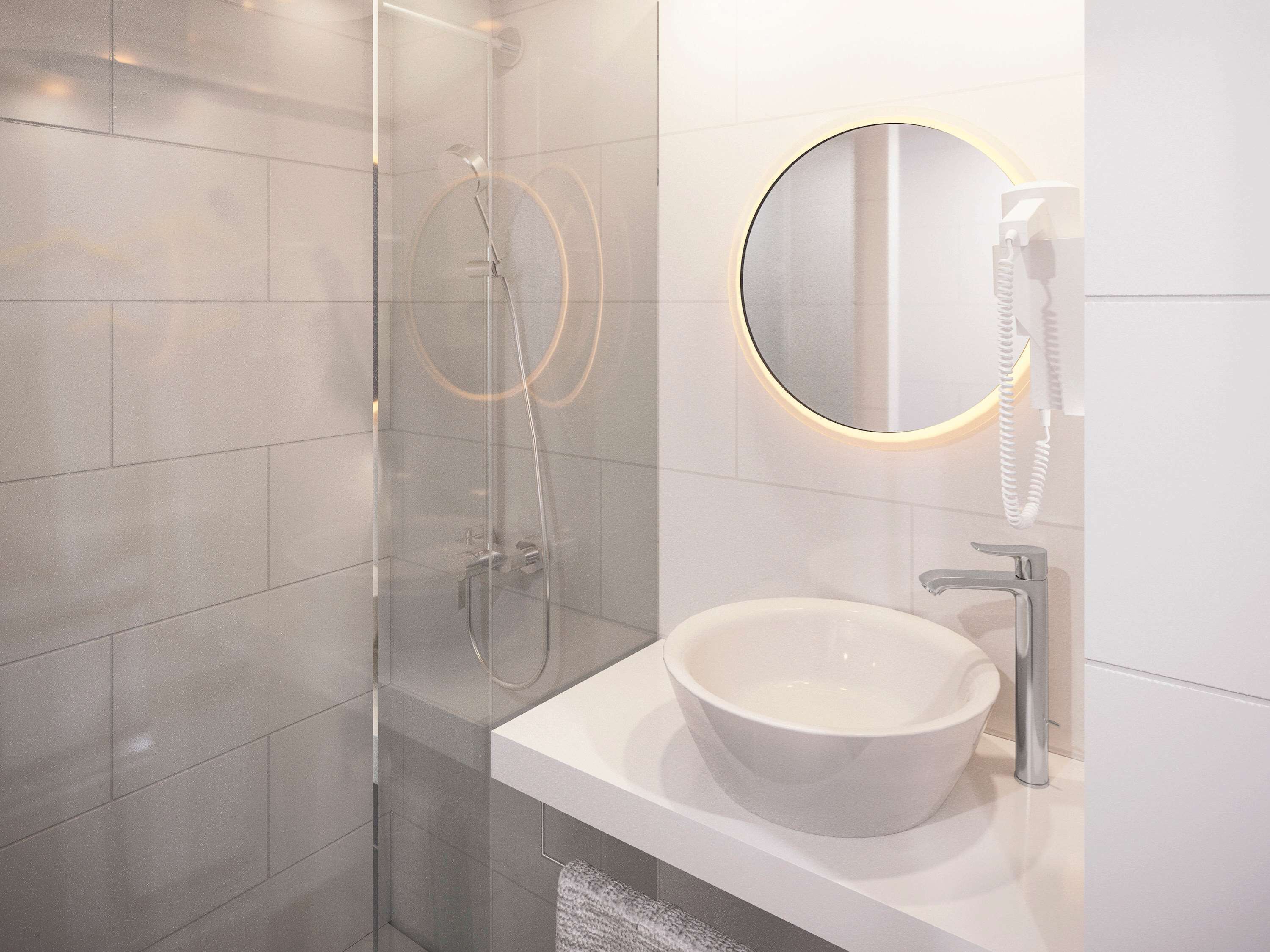 shower, eco-friendly toiletries, hair dryer, towels