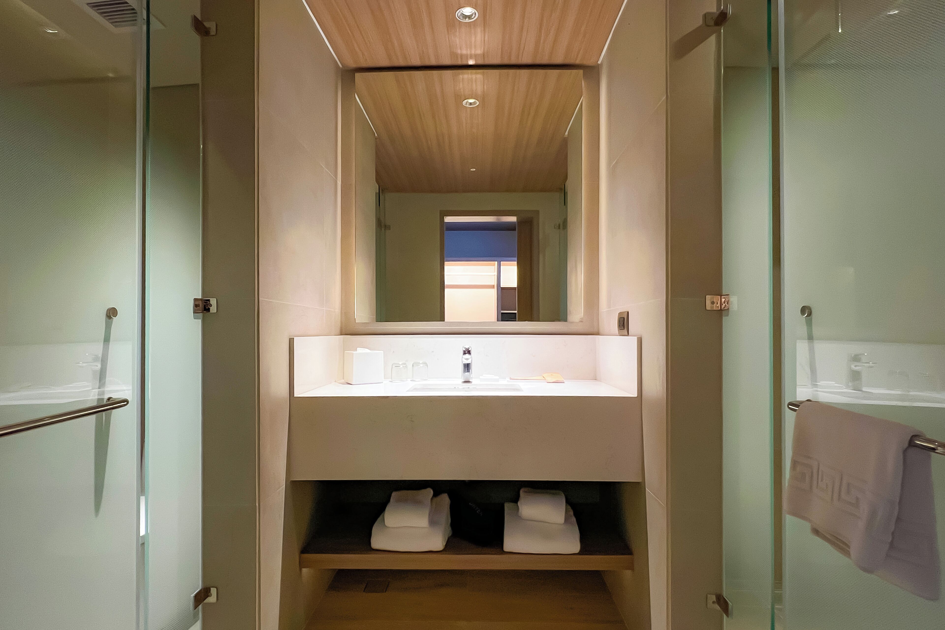 Une salle de bain moderne avec une douche à parois de verre, un grand miroir au-dessus du lavabo et un porte-serviettes fixé au mur.