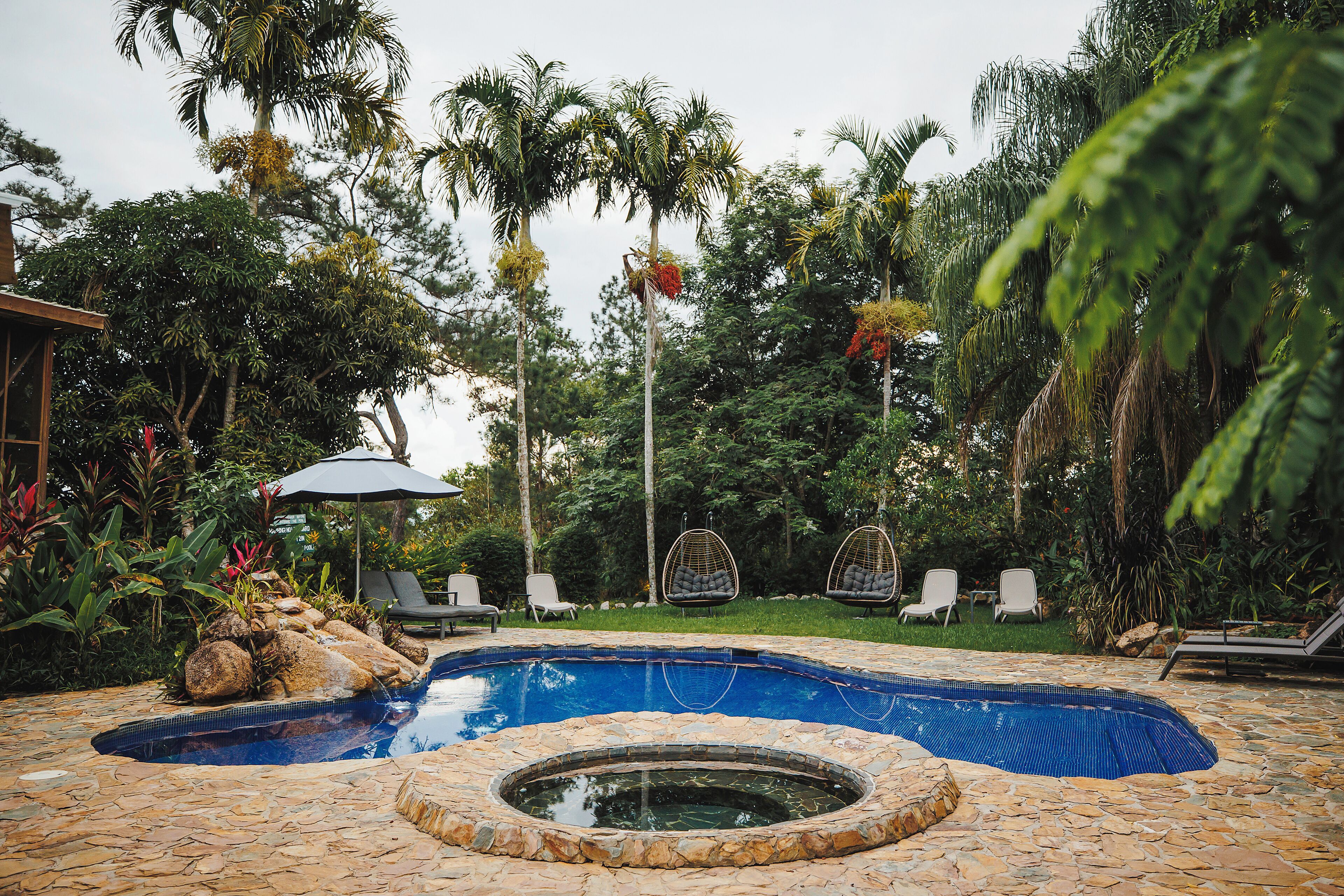 Una piscina al aire libre, sombrillas, sillones reclinables de piscina