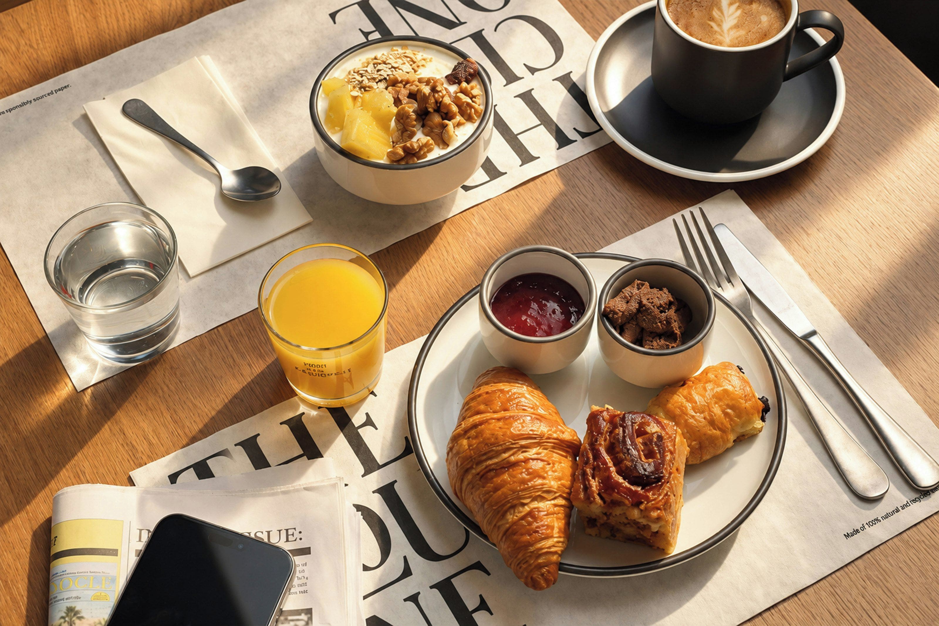 En frukostuppsättning med croissanter, en kopp kaffe, ett glas apelsinjuice och en tidning.