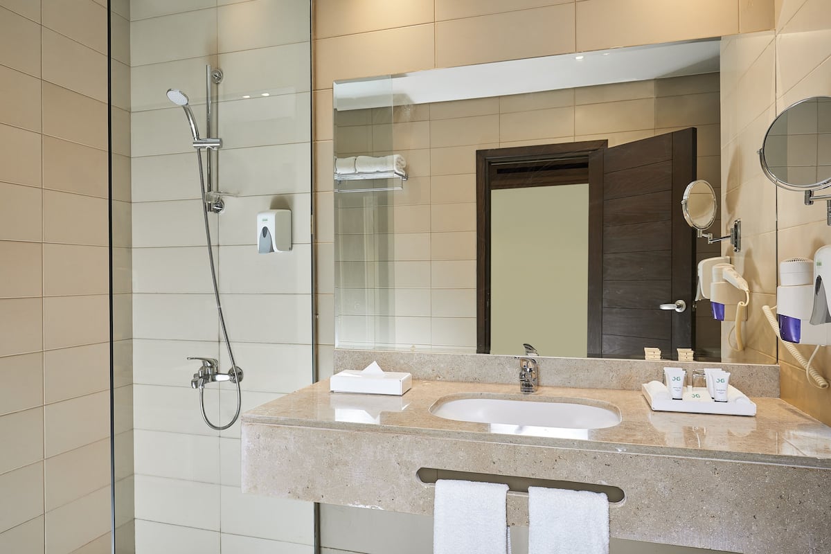 shower, eco-friendly toiletries, hair dryer, towels