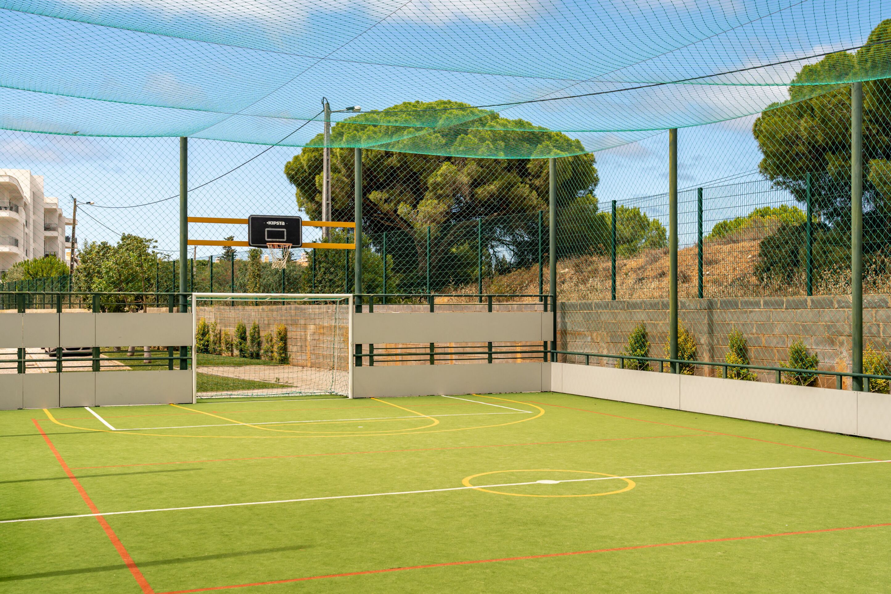 An indoor sports court with a basketball hoop, surrounded by a netted enclosure and trees in the background.