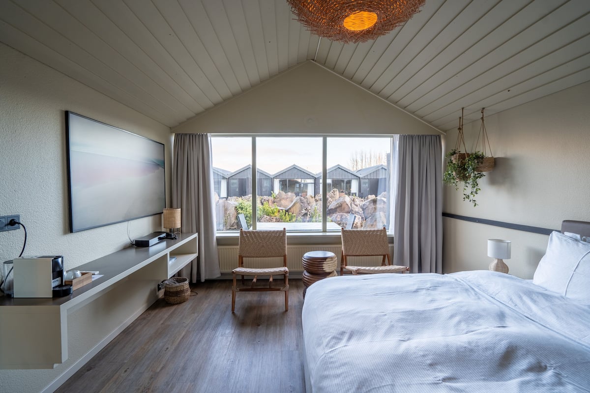 Een hotelkamer met een bed, een bureau met stoelen, een groot raam met gordijnen, een tv aan de muur en een hangplant.