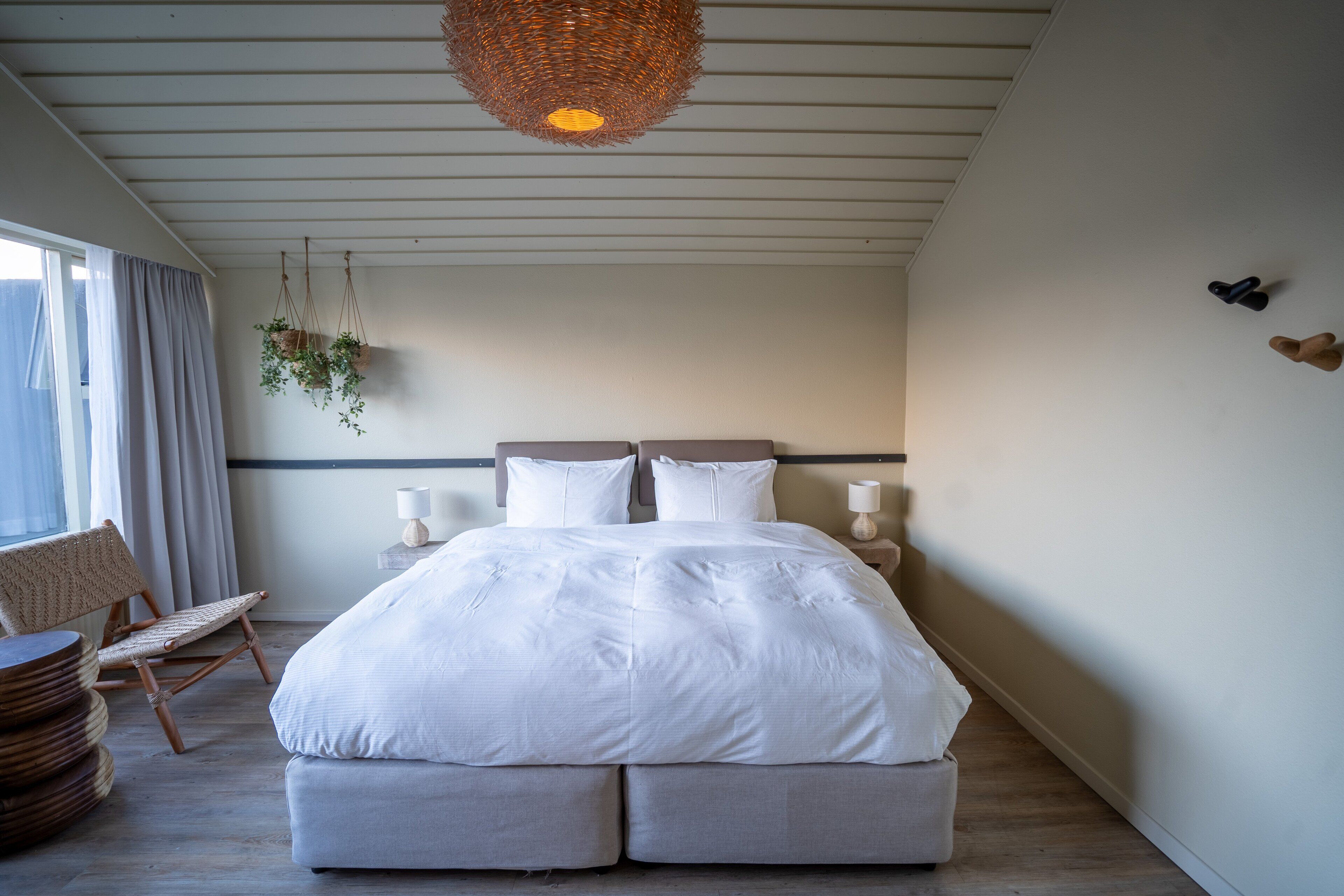 A bedroom with a large bed, a hanging plant, a chair, and a bedside table.