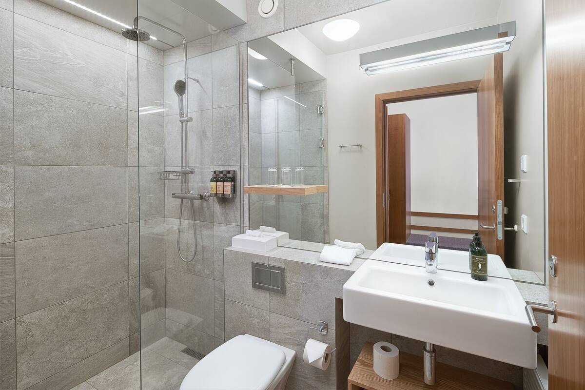 shower, eco-friendly toiletries, hair dryer, towels