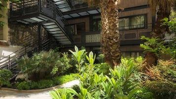 A multi-level outdoor staircase surrounded by lush greenery and a palm tree.