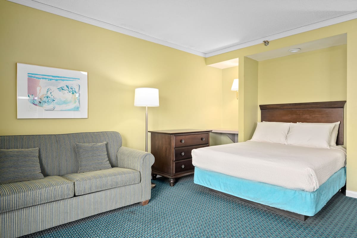 1 bedroom, desk, blackout curtains, iron/ironing board