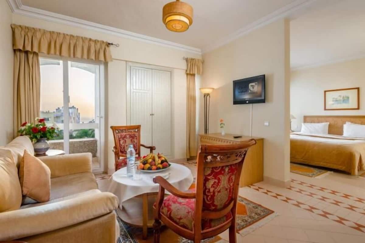 Une chambre d’hôtel comprenant un lit, un canapé, une table à manger avec des chaises, un téléviseur et une vue sur la ville par la fenêtre.