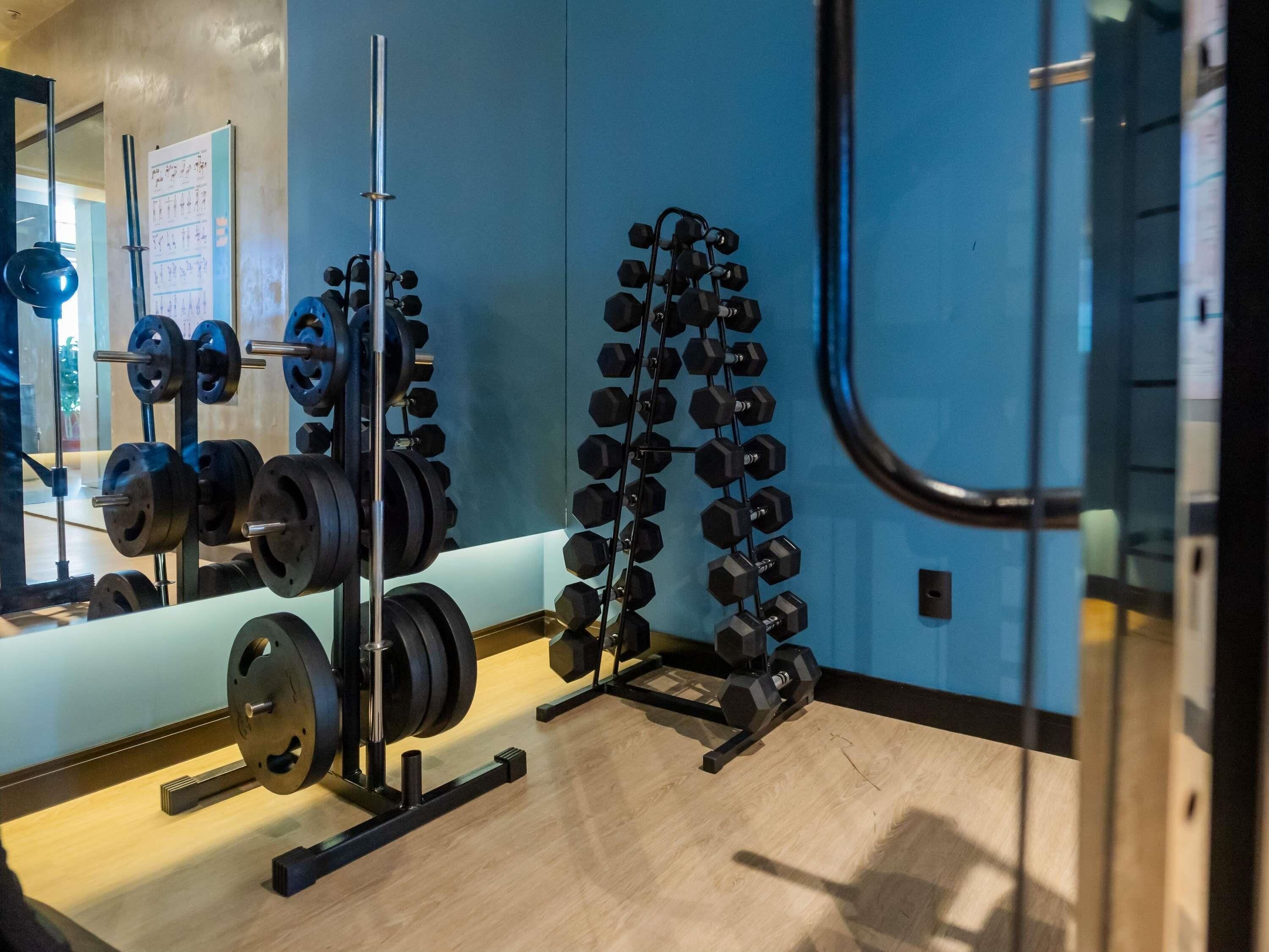 A gym with weightlifting equipment, a mirror, and a blue wall.