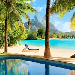 Relax by the tranquil pool surrounded by lush greenery and a serene beach view.