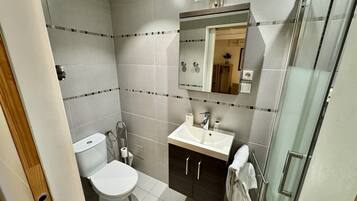 A modern bathroom with a toilet, sink, and mirror.