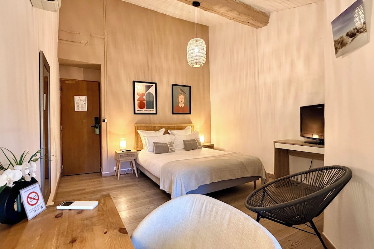 A hotel room with a bed, bedside tables, a television, a chair, and a decorative plant.