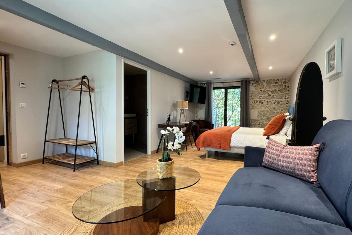 A modern room with a bed, a sofa, a glass coffee table, a desk, and a hanging chair.