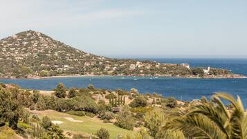 A coastal landscape with a hill, beach, and ocean.