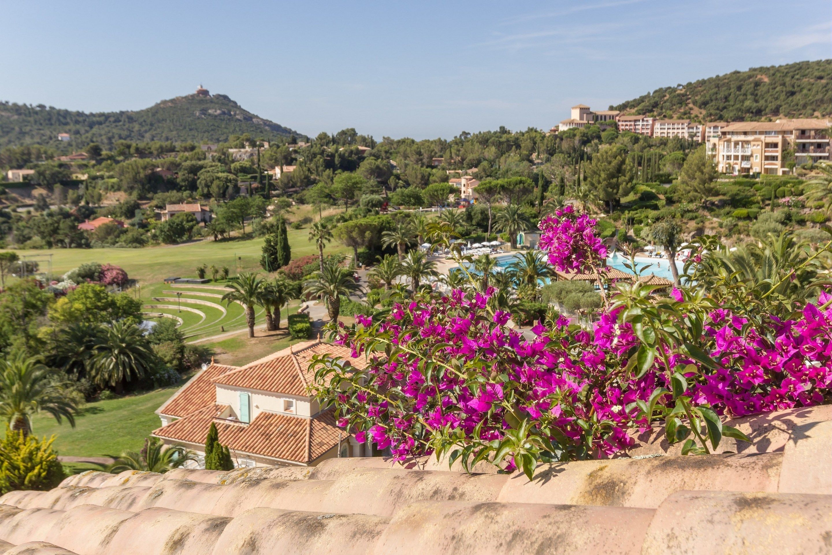 A hotel with a view of a landscaped garden, a pool, and a hill in the background.